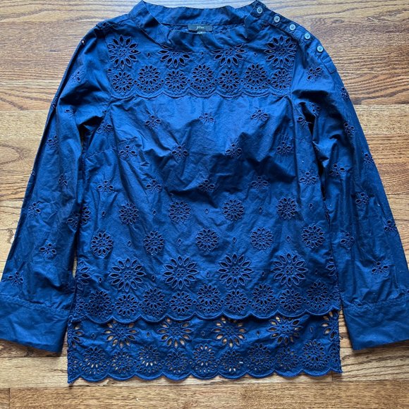 J Crew Eyelit Funnel Neck Top Navy - Picture 2 of 6